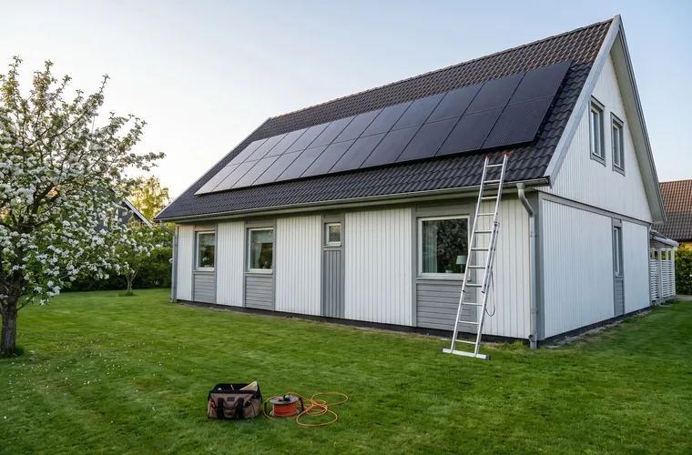 Färdig solcellsinstallation på ett svenskt villatak
